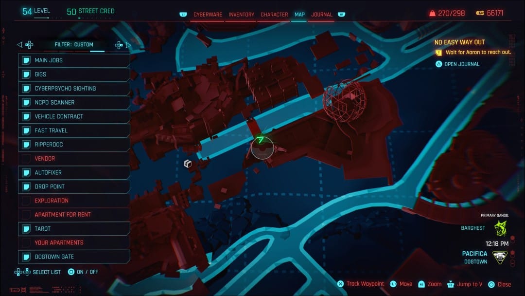 A screenshot of the map, illustrating the location of a Relic Cache from Cyberpunk 2077 Phantom Liberty