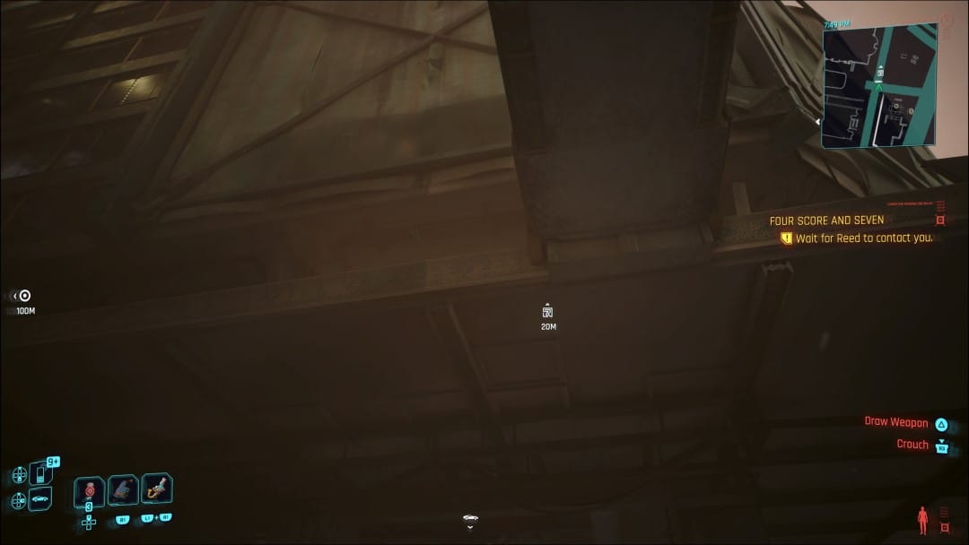 A screenshot of a ruined building, the Relic Cache location visible on the HUD from Cyberpunk 2077 Phantom Liberty