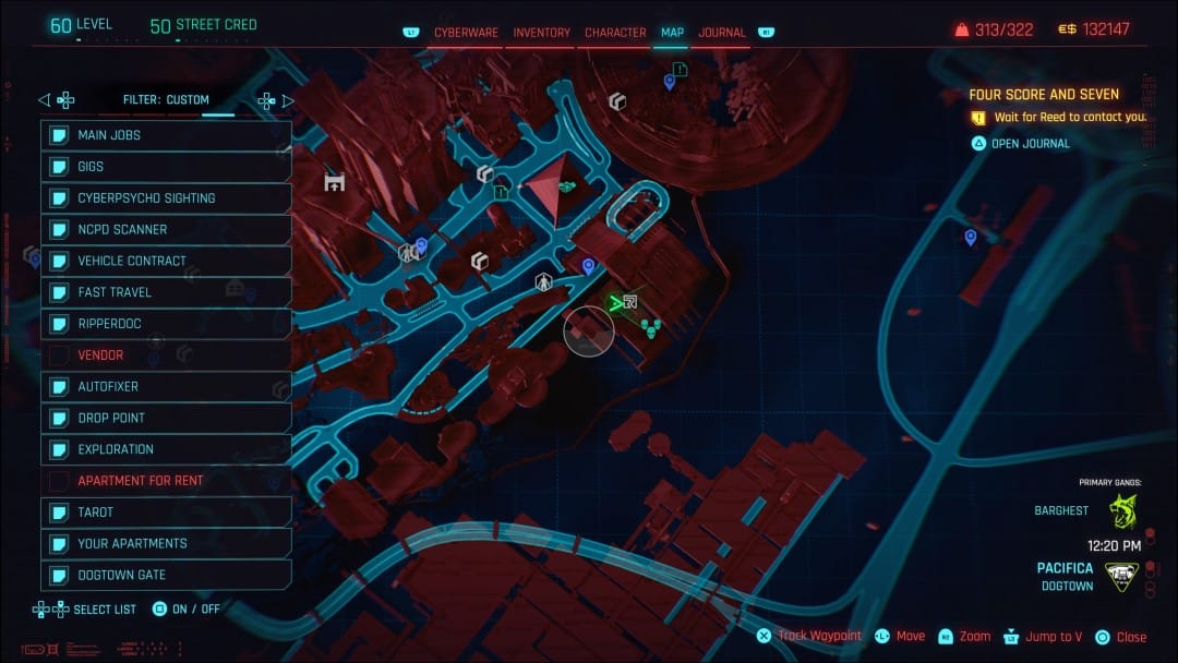 A map screenshot showing the Luxor Wellness Spa and a Relic Cache location from Cyberpunk 2077 Phantom Liberty