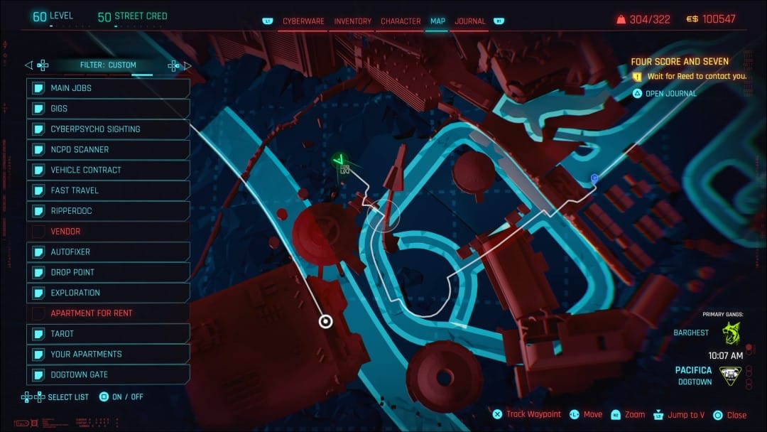 A map screen showing the location of a Relic Cache in Terra Cognita from Cyberpunk 2077 Phantom Liberty