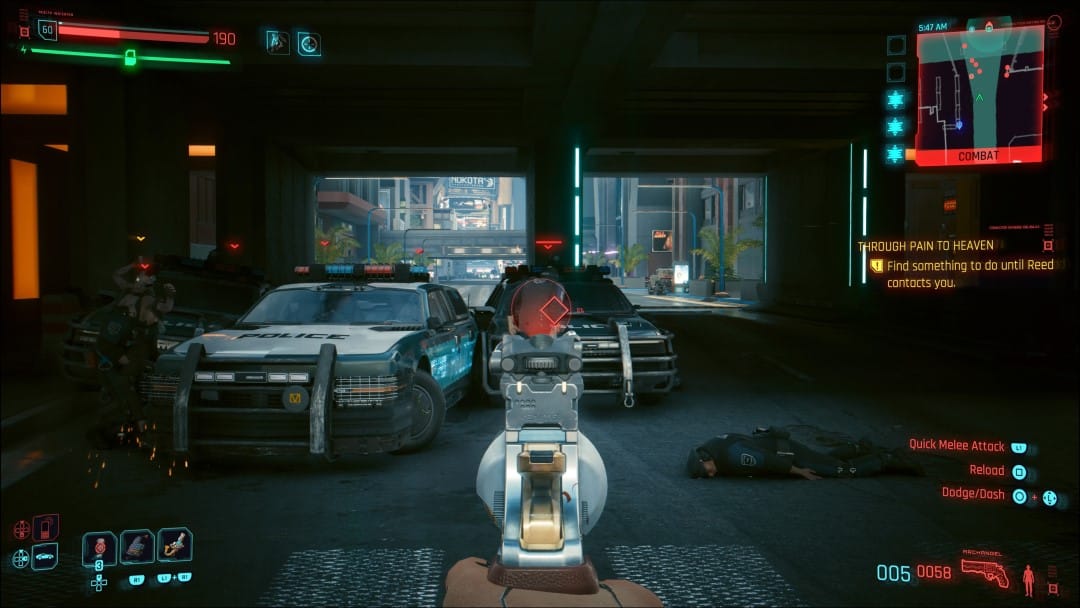 V aiming a hand cannon at an NCPD officer, a red neon diamond can be seen on his shoulder from Cyberpunk 2077 Phantom Liberty