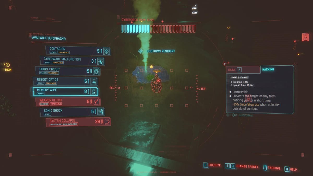 The player attempts to hack an enemy’s cybernetics with various commands.
