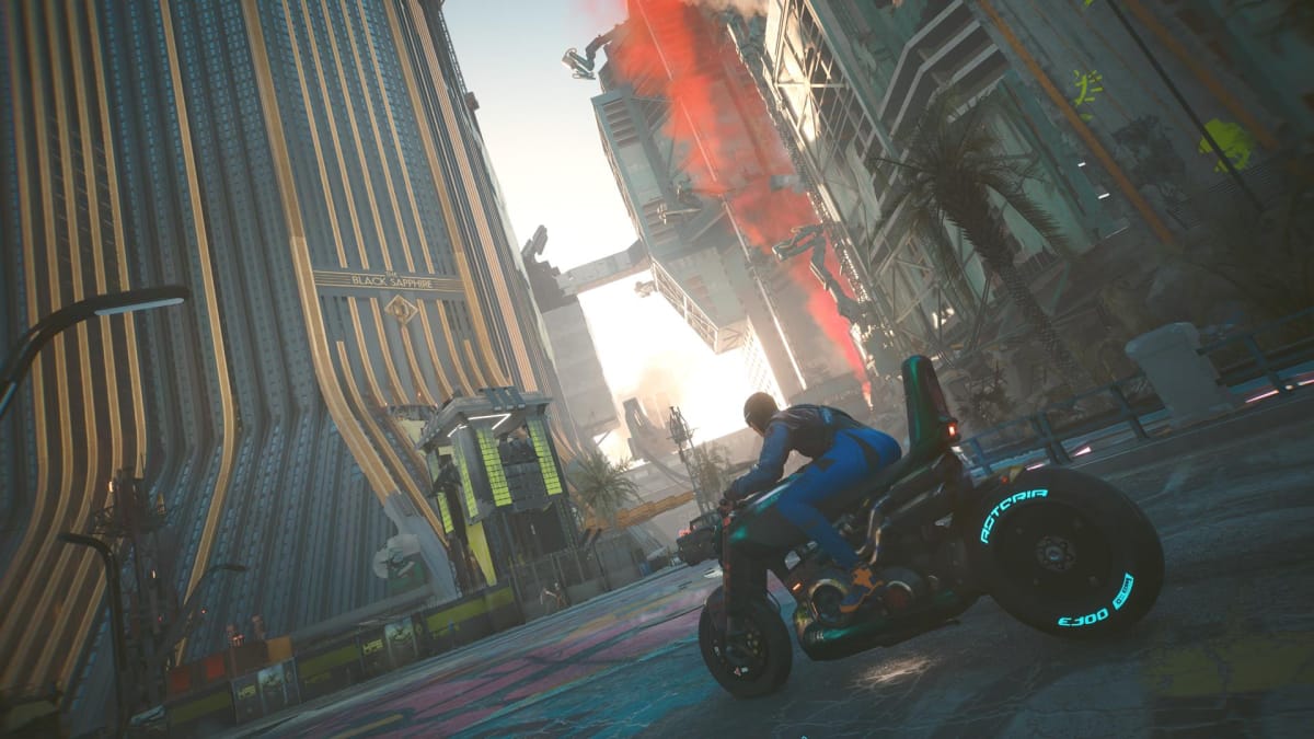 The player drives a motorcycle across Dogtown.