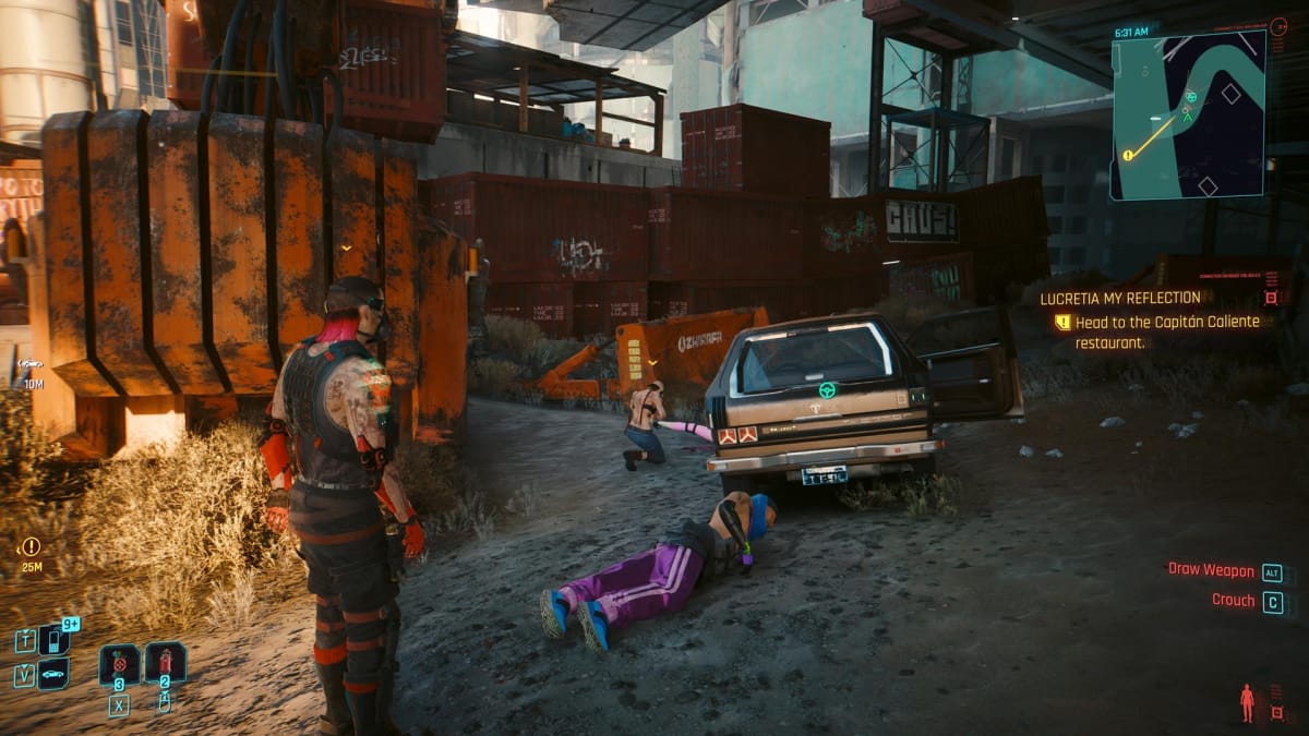 The player looks at a couple of gang members and their car. There’s also a dead body on the ground.
