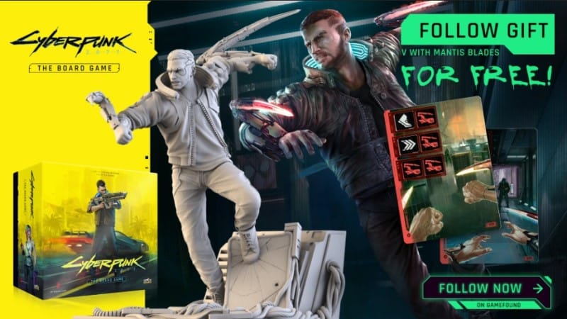 A promo image of Cyberpunk 2077: The Board Game, showing a miniature of male V with Mantis Blades
