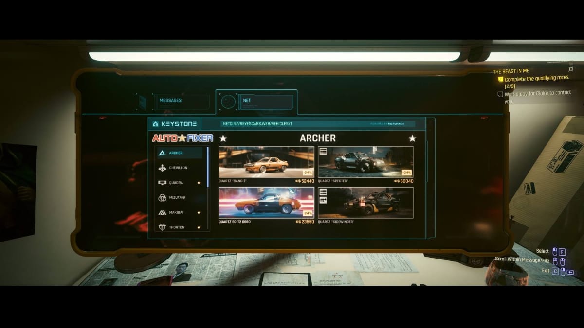 A picture of the Autofixer site in Cyberpunk 2077 showing Archer cars for sale at several prices