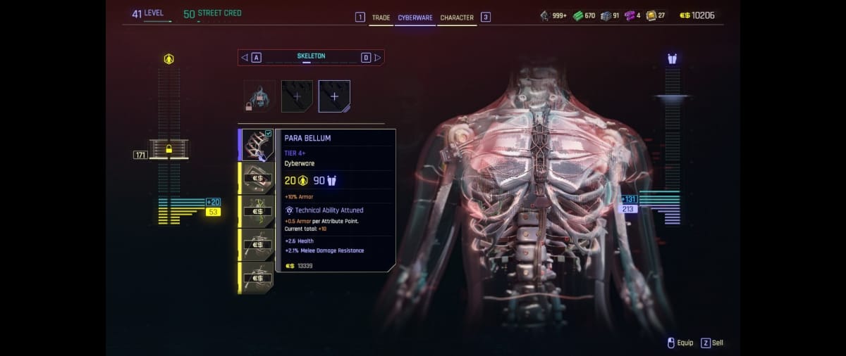 A shot of Cyberpunk 2077's Cyberware updating, with V looking at putting on Tier 4 Para Bellum which gives 90 Armor and needs 20 Cyberware Capacity
