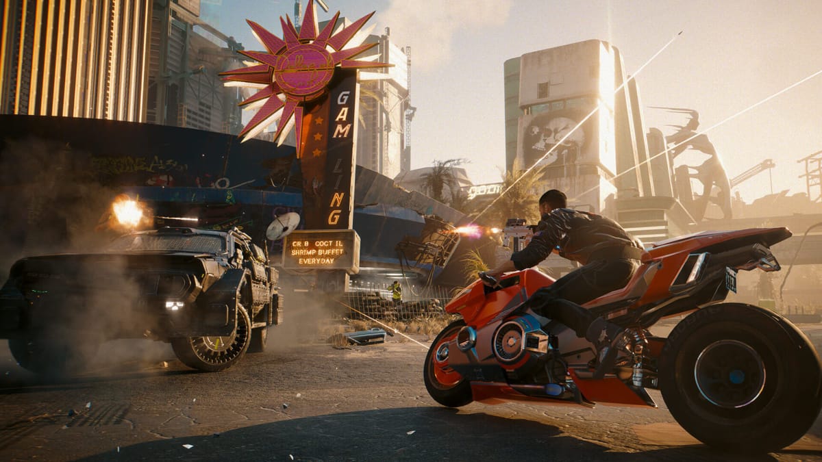 A person on a motorcycle firing at a car outside a gambling venue in Cyberpunk 2077