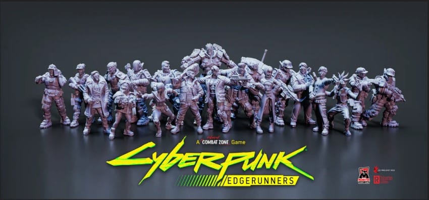 Artwork from Cyberpunk Edgerunners: Combat Zone showing multiple unpainted miniatures of iconic characters.