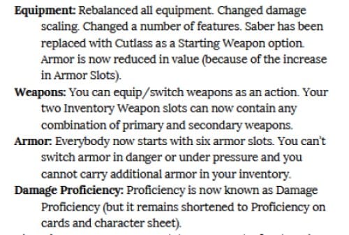 A screenshot from the Daggerheart 1.3 playtest material change log, showing updates to weapons, armor, and equipment