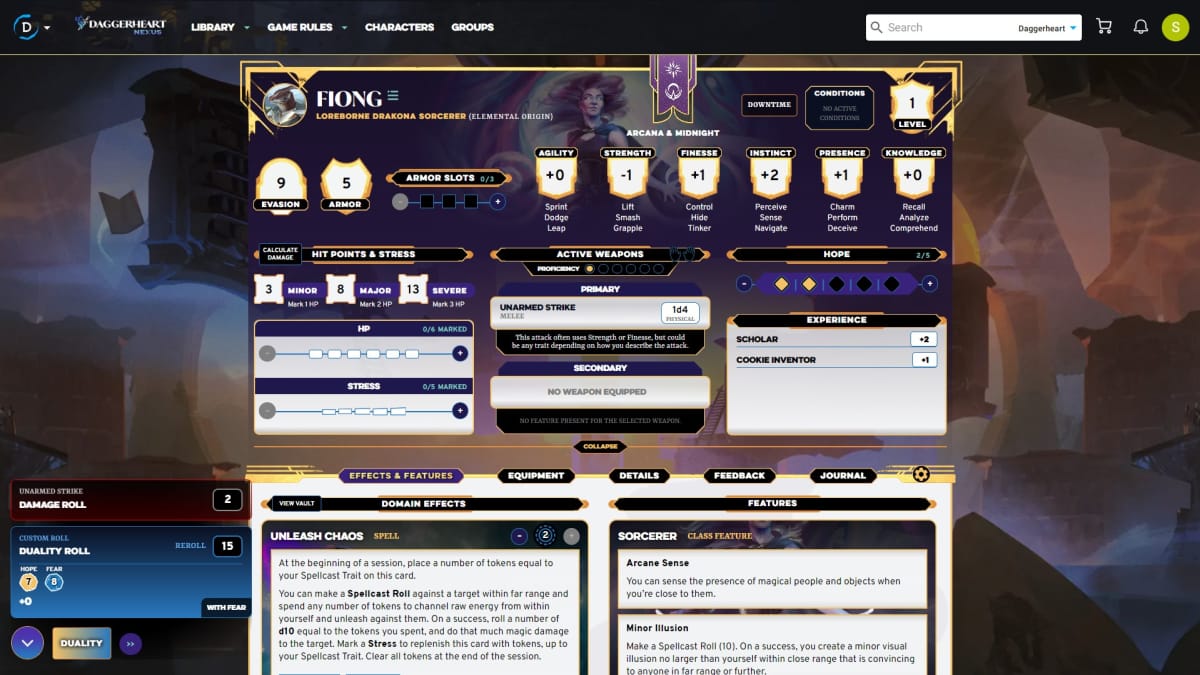 A character built within Demiplane showing off the different character sheet features