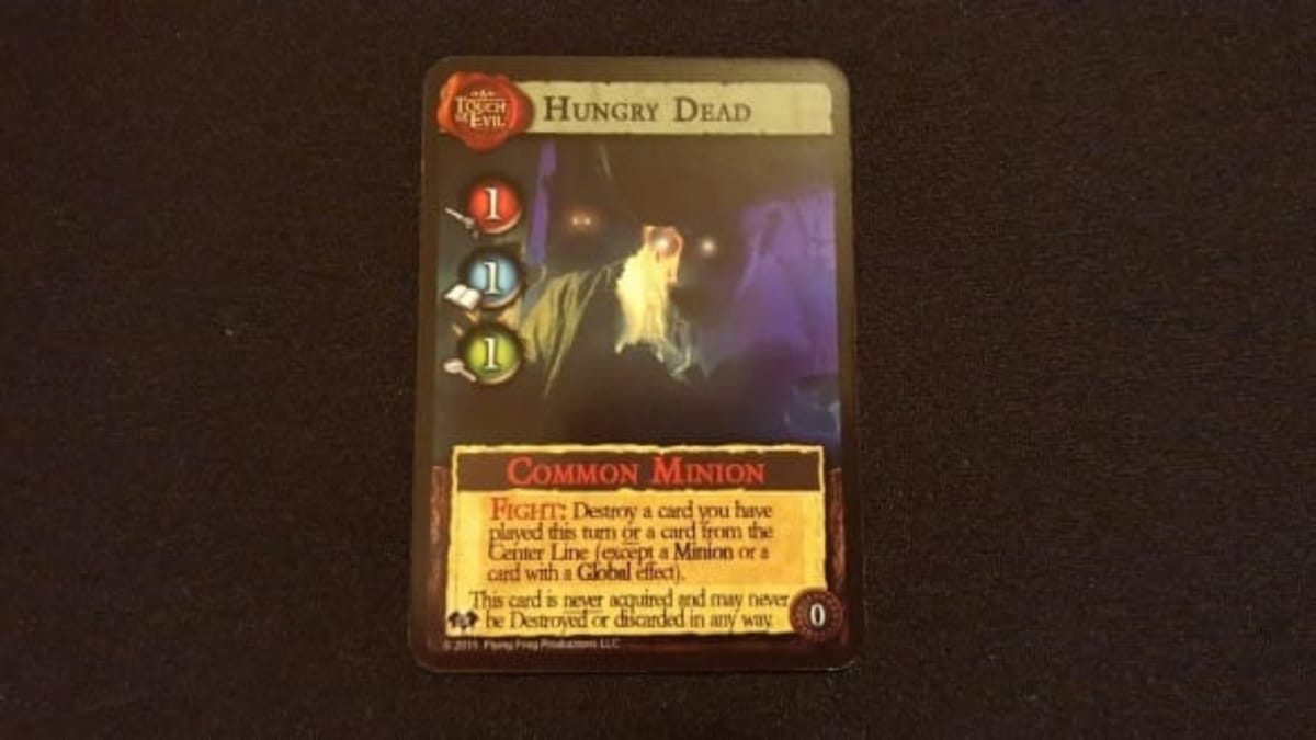 Dark Gothic Colonial Horror photo showing a common minion card named Hungry Dead with a photo of a man in period costume edited to have glowing eyes