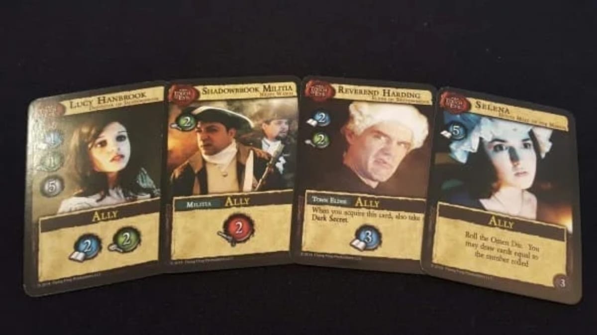 Dark Gothic photo showing several ally cards with gothic characters dressed in victorian costumes with various stats beneath them