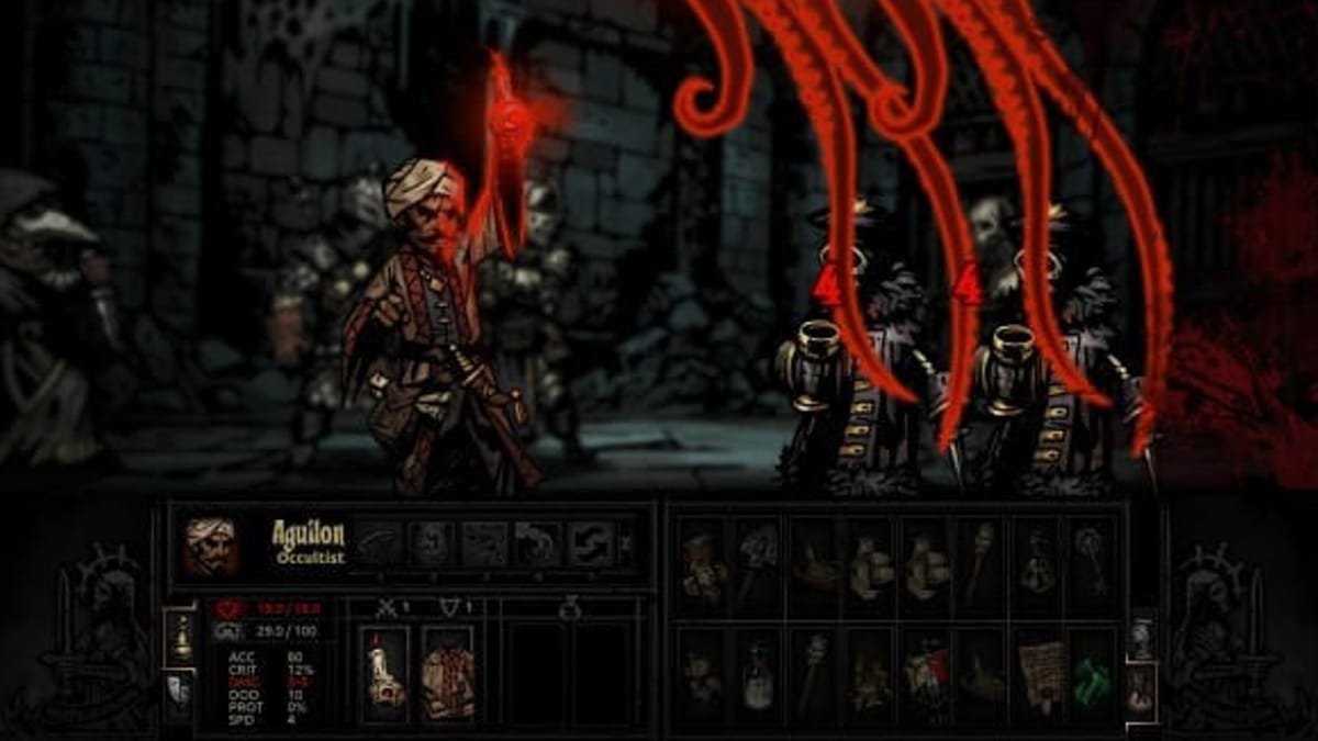 A screenshot from Darkest Dungeon can be seen