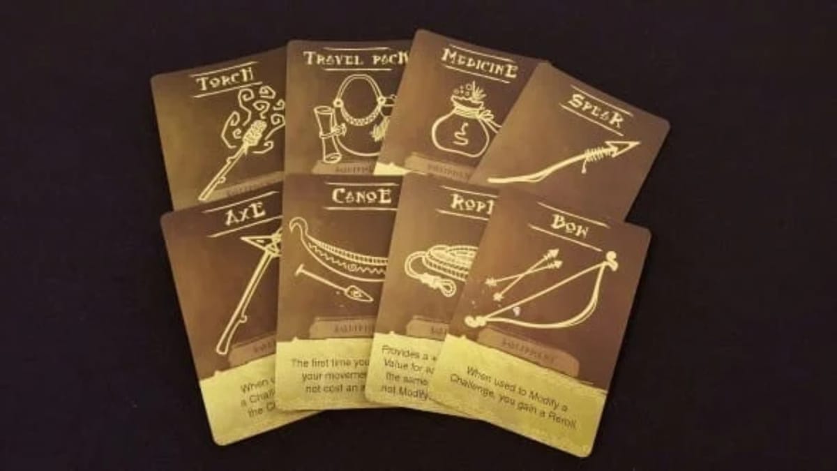Darkness Comes Rattling photo showing several light brown cards each depicting a different item that can be used in a fantasy adventure. 