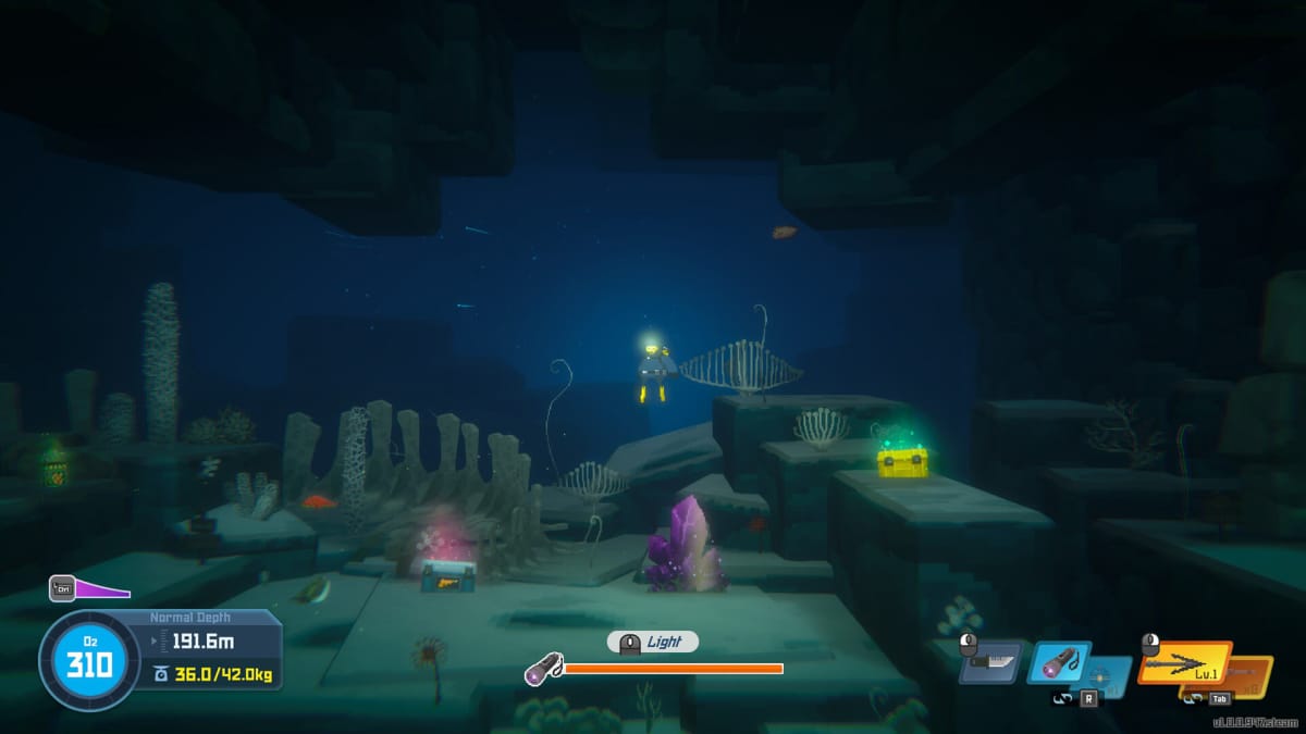 Image of Amethyst in Dave the Diver, with a nearby chest to open that contains a pickaxe