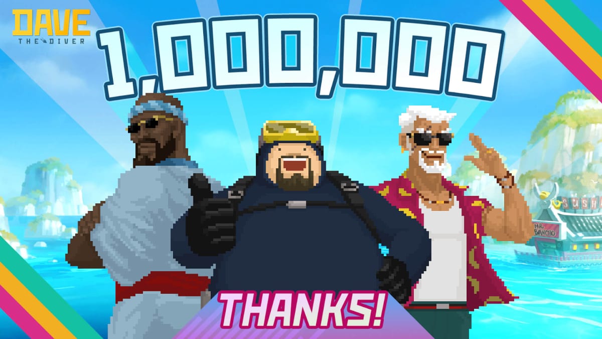 Three characters from Dave the Diver posing alongside text that reads "1,000,000" and "THANKS!"