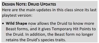 A text excerpt explaining changes to the druid from the D&D Player Handbook Playtest 8 material