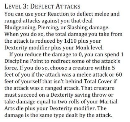 A text excerpt describing a Monk class feature from the D&D Player Handbook Playtest 8 test material.