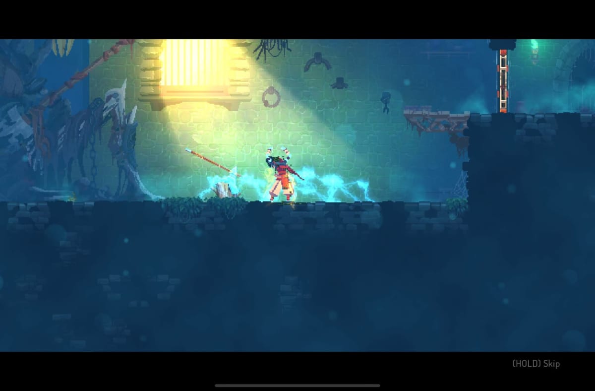 Dead Cells Plus, one of the best Apple Arcade games, shows the player's character powering up with electricity.