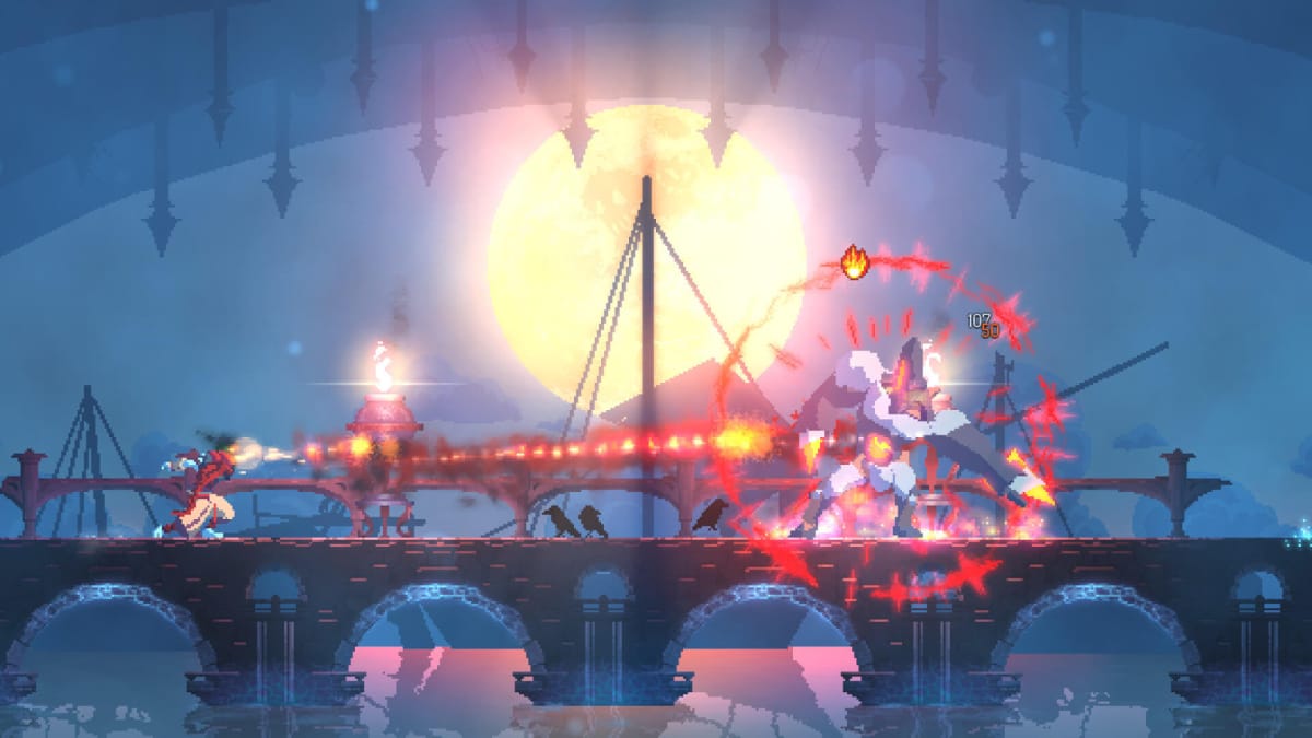 The player flinging a magic spell at an enemy on a bridge in Dead Cells