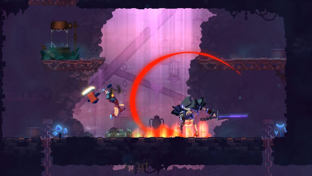 The player swinging a hammer and fighting an enemy in Dead Cells