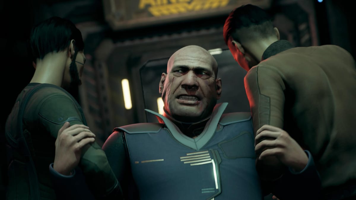 A character being hauled off by two other characters in the Deck Nine game The Expanse: A Telltale Series