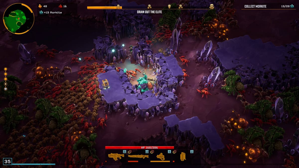 Deep Rock Galactic: Survivor Biomes Guide - Crystalline Caverns Mining Morkite While a Bug Swarm Approaches