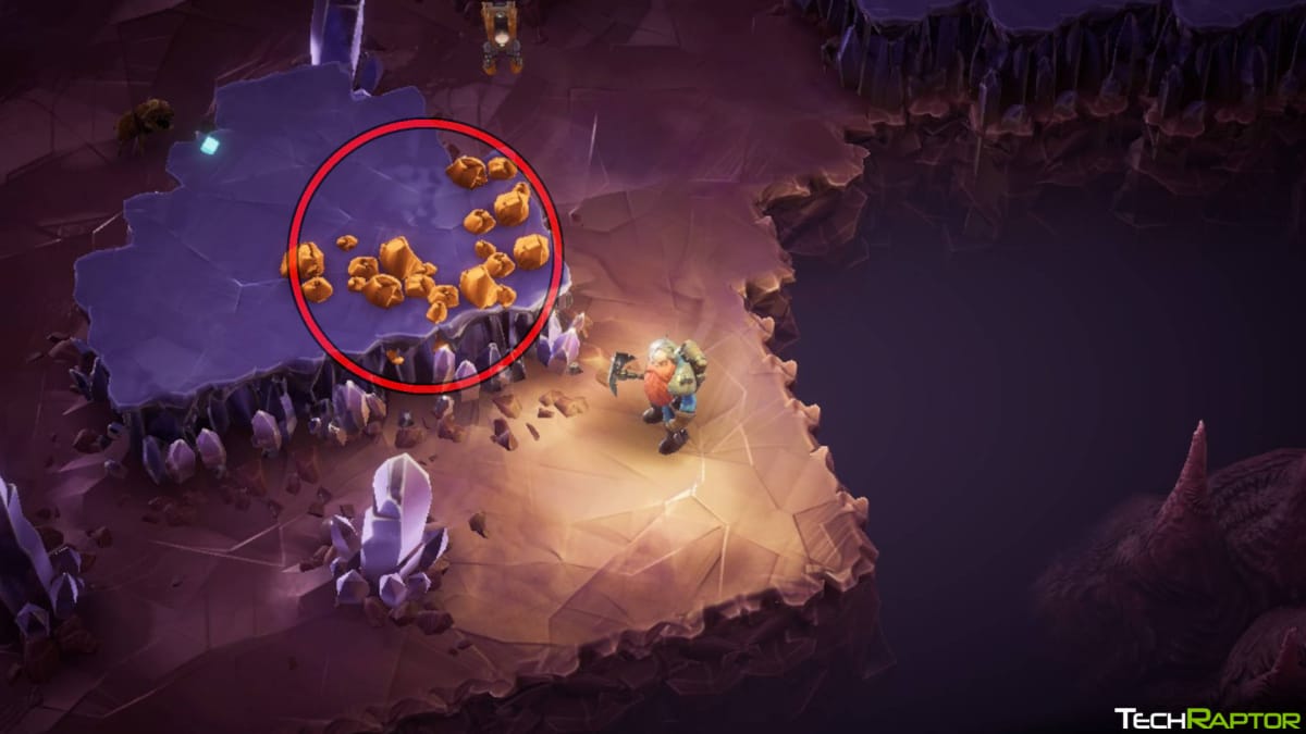 Deep Rock Galactic: Survivor Resources Guide - A Scout Standing Next to Circled Gold