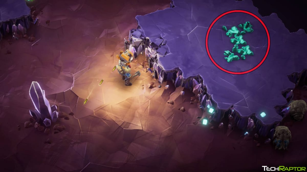 Deep Rock Galactic: Survivor Resources Guide - Morkite Circled with a Scout Standing Nearby
