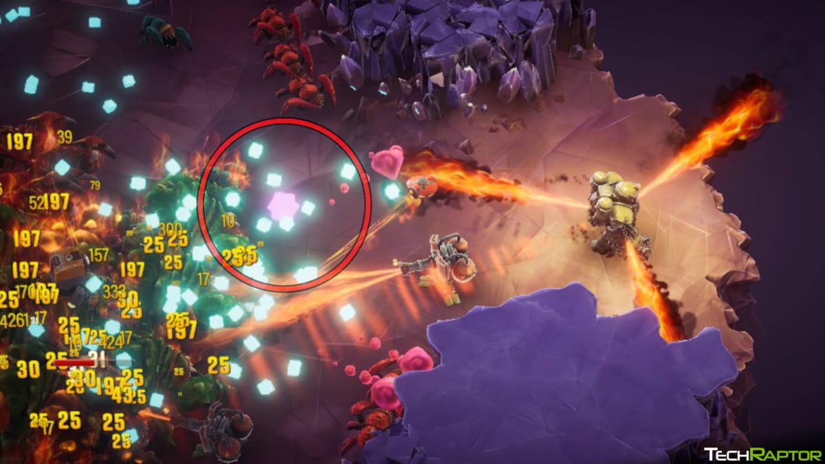 Deep Rock Galactic: Survivor Resources Guide - XP Circled While Flamethrowers are Firing