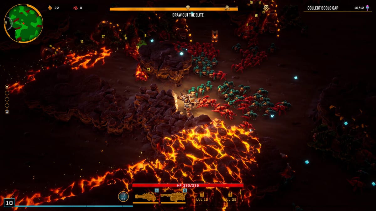 A dwarf being besieged by a swarm of insect enemies in Deep Rock Galactic: Survivor