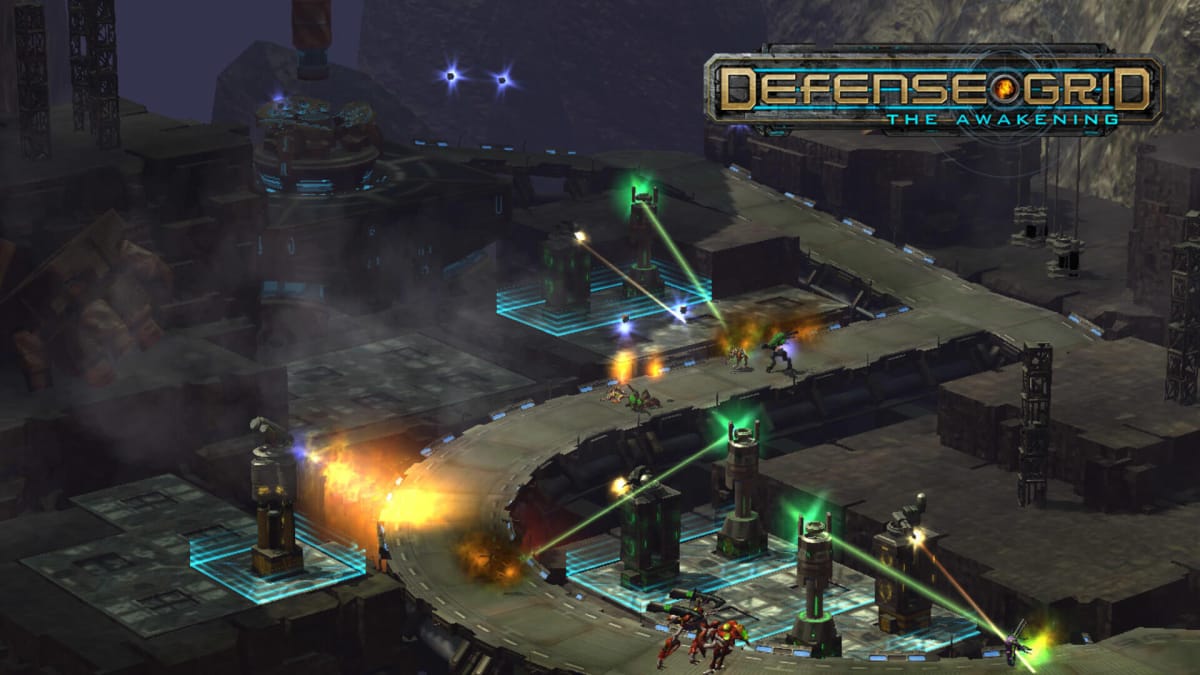 Enemies making their way down a path while towers shoot at them in Defense Grid: The Awakening