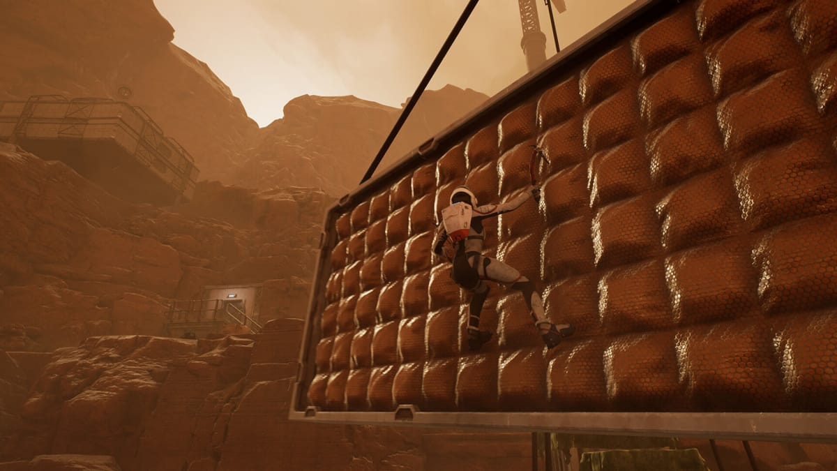 The player climbing across a wall in Deliver Us Mars, a KeokeN Interactive game