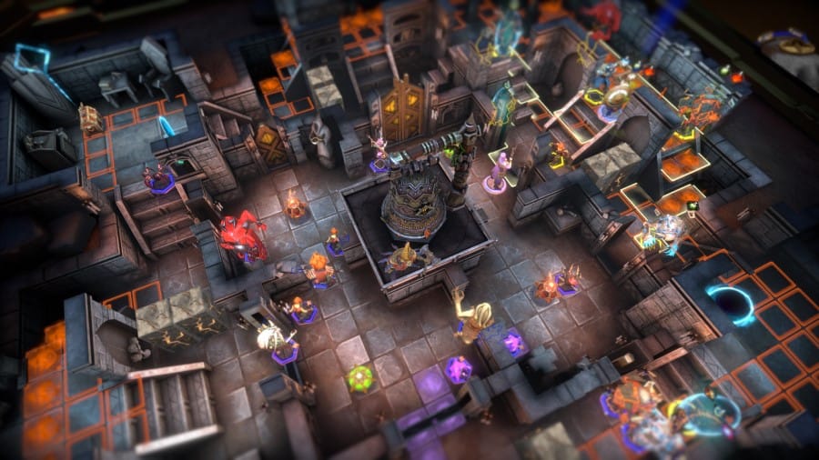 A screenshot of gameplay of Demeo Battles, showing an elaborate dungeon full of traps, treasure, and monsters