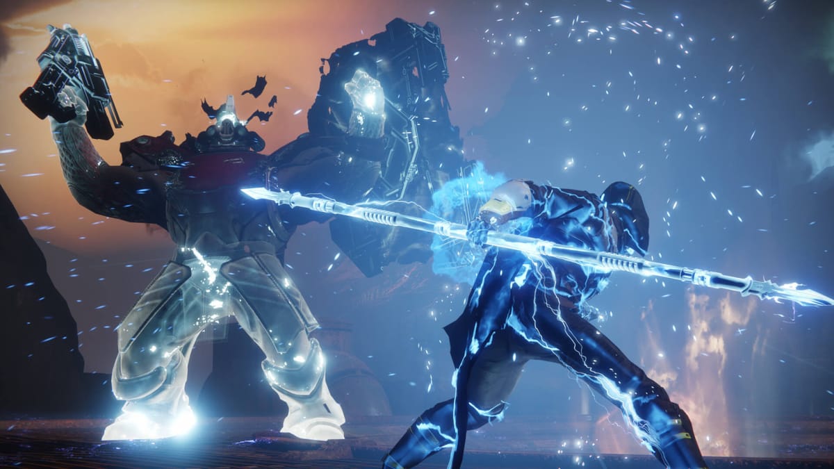 A Guardian in combat with an enemy in Destiny 2, a Bungie game