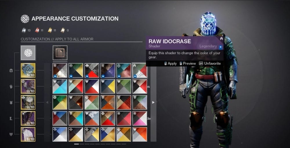 A player cosmetic menu from Destiny 2, with several visible star symbols next to certain shaders