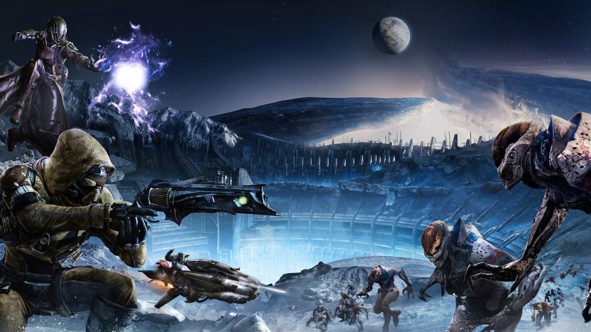 Several Guardians and hive can be seen fighting on the Moon.