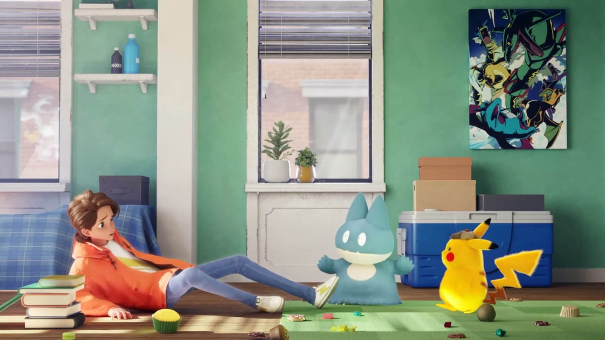 Munchlax trying to explain himself to Tim and Detective Pikachu in the new animated short