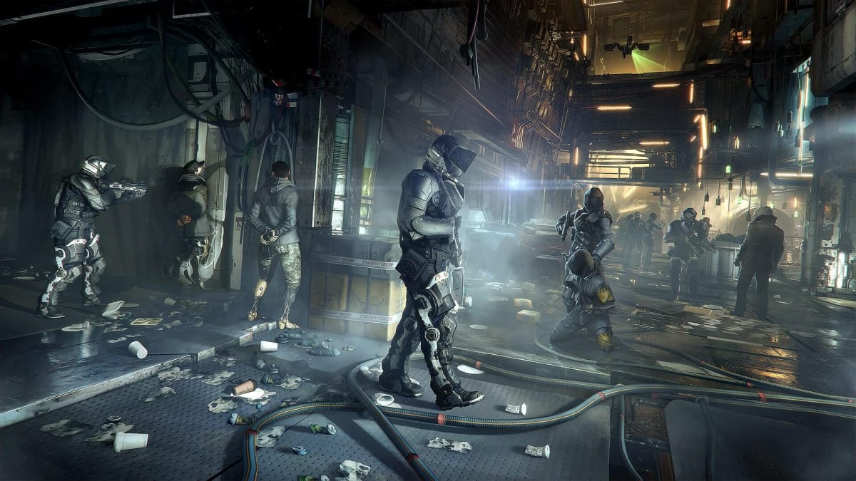 Soldiers patrolling and enforcing an augmented ghetto in Deus Ex: Mankind Divided