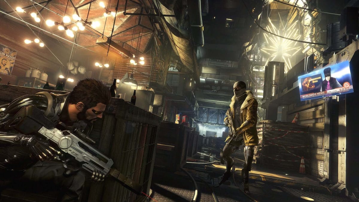 Jensen crouching behind cover as a masked guard looks for him in Deus Ex: Mankind Divided