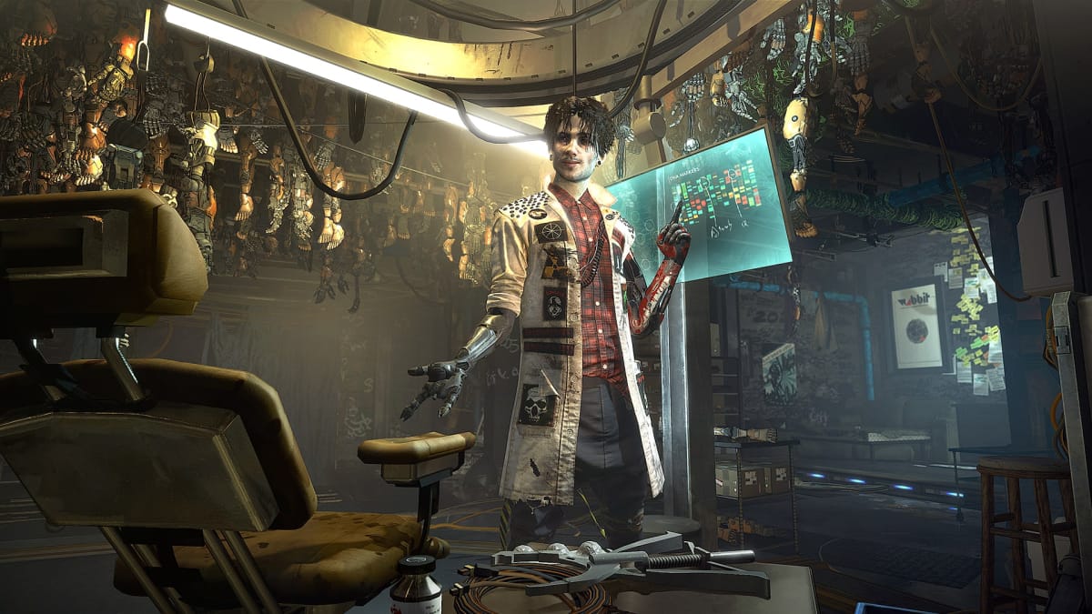 Václav Koller standing in front of his chair in Deus Ex: Mankind Divided