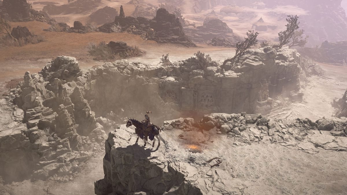 Diablo 4 screenshot showing a characterriding in a desert