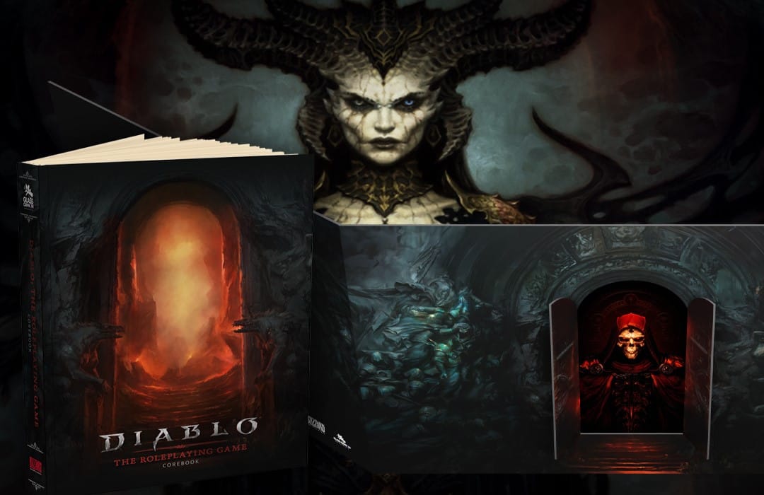 A mockup of the Diablo TTRPG rulebook and GM screen, Lilith in the background