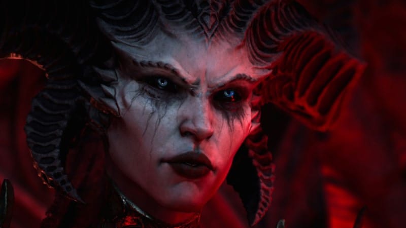 A screenshot of a prerendered cutscene of the demon Lilith from Diablo IV