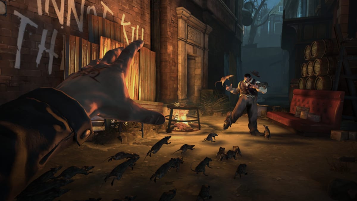 Corvo can be seen attacking someone with rats