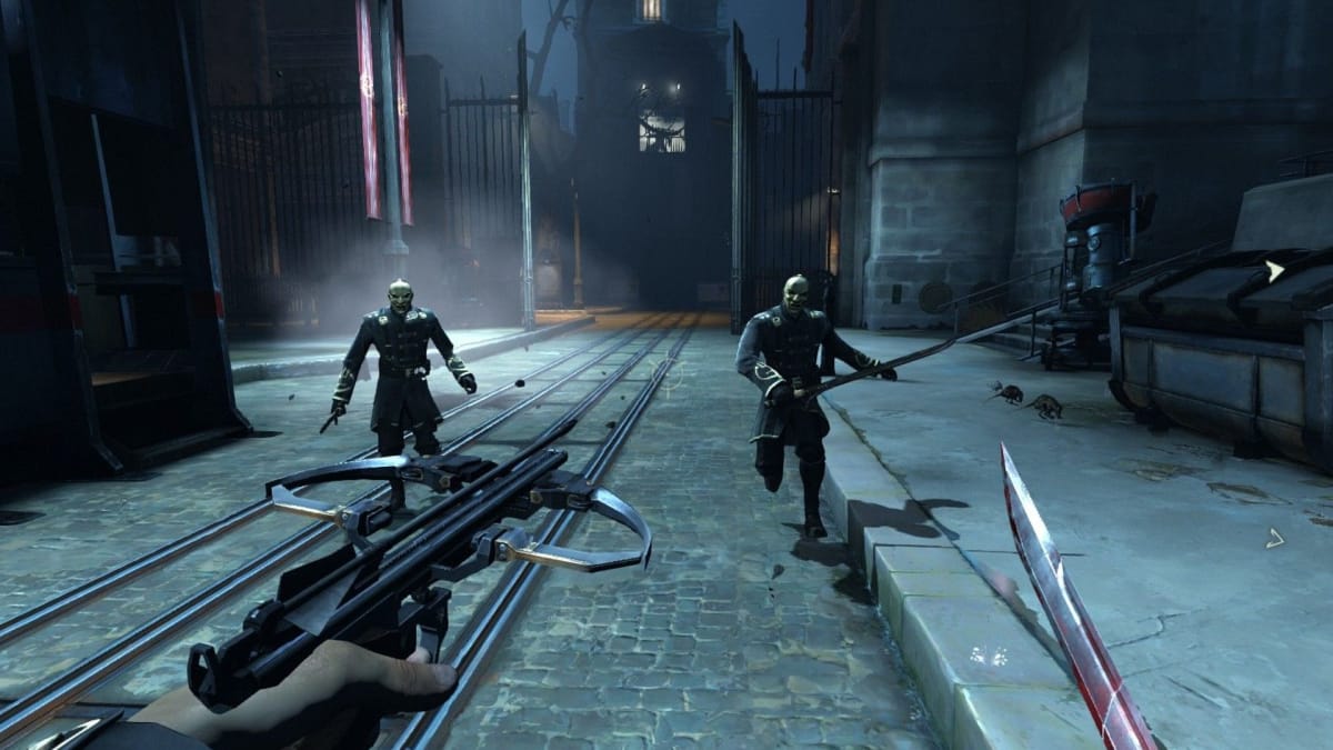 Corvo can be seen attacking two enemies with a crossbow and sword