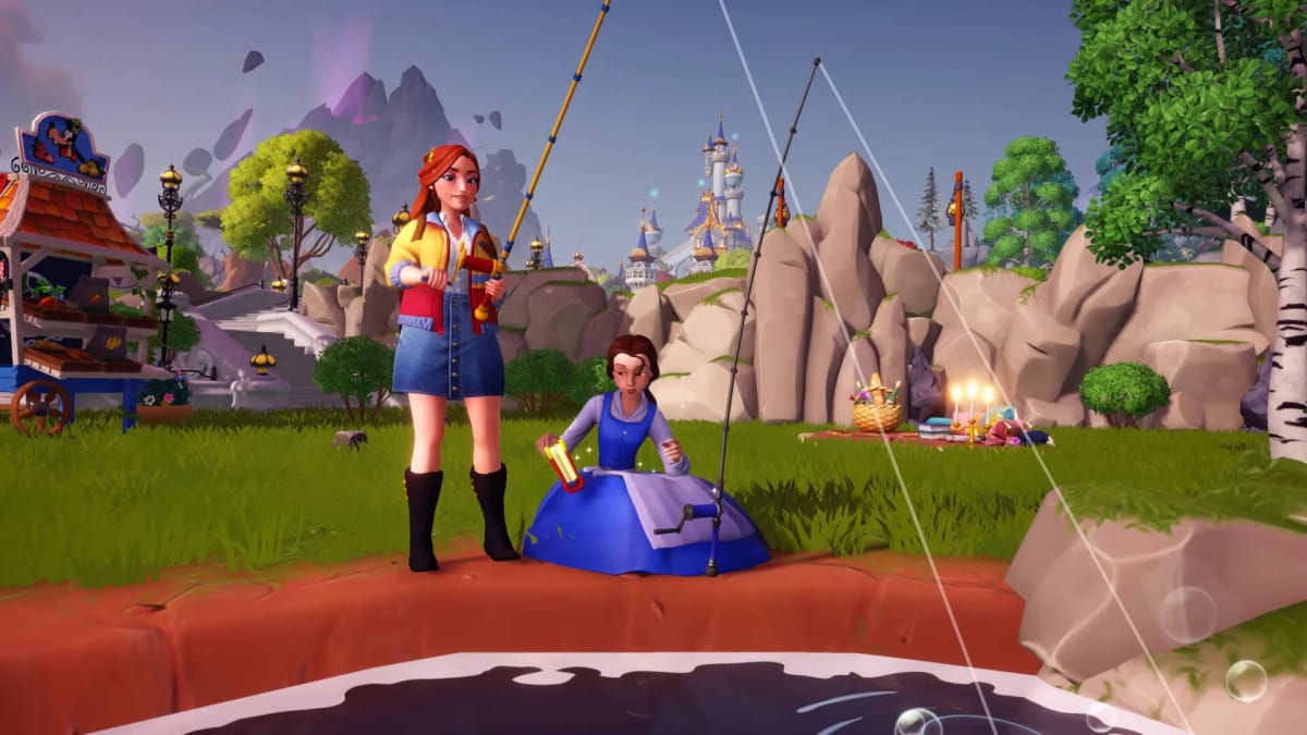 The player character fishing alongside Belle in Disney Dreamlight Valley