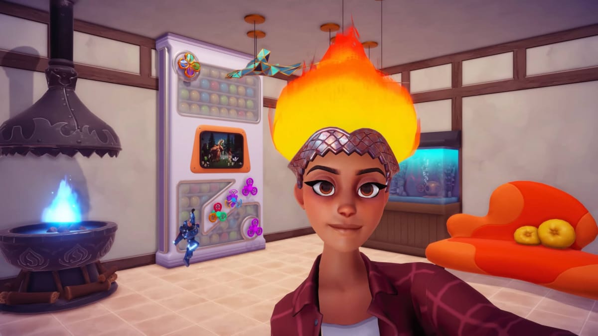 The player wearing a fiery hat and taking a selfie while Buzz Lightyear leaps around in the background in Disney Dreamlight Valley