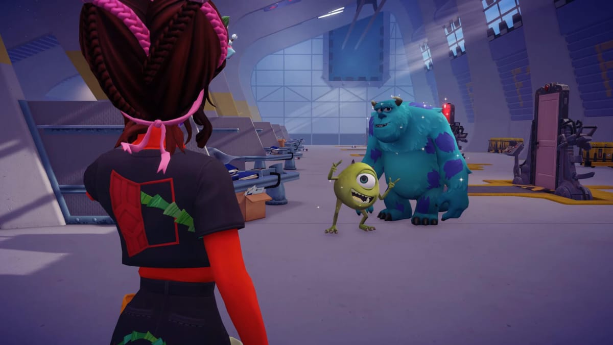 The player meeting Mike and Sully from Monsters, Inc. in the new Disney Dreamlight Valley Laugh Floor update